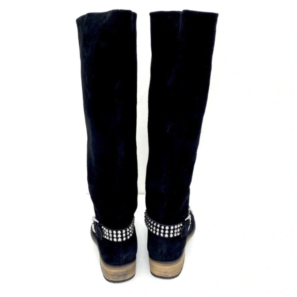 KELSI Dagger Studded Cup toe Rover Suede Knee High Riding Moto Boot in Black